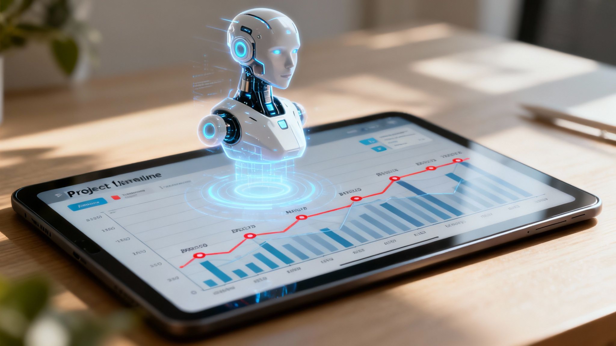 An AI interface showing predictive analytics and project risk assessments, illustrating smart project oversight.