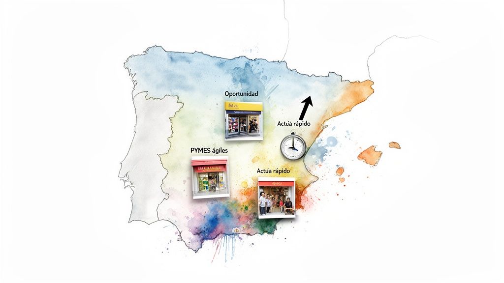 Ilustración de un mapa de España y Portugal con tiendas, reloj y flecha, destacando oportunidad y rapidez.