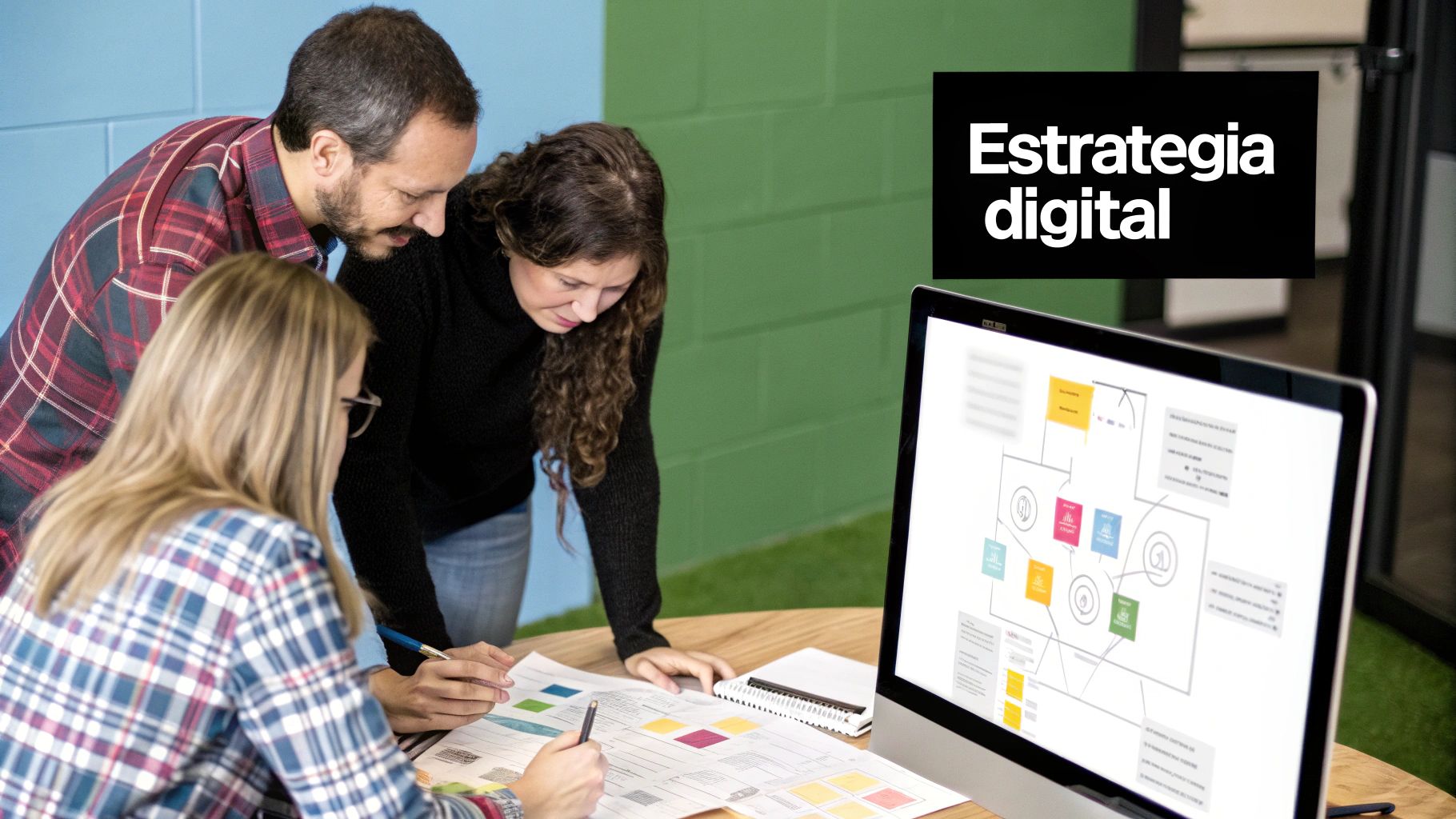 Un equipo colaborando en una estrategia digital sobre una pizarra con notas adhesivas
