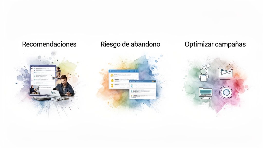 Representación visual de la gestión de datos para recomendaciones, riesgo de abandono y optimización de campañas.