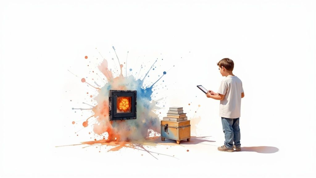 Niño con tablet interactúa con arte digital y libros sobre un fondo blanco creativo.