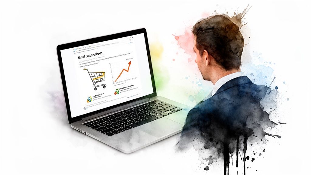 Hombre mirando una laptop con pantalla mostrando un carrito de compras, un gráfico de crecimiento y texto sobre email personalizado.