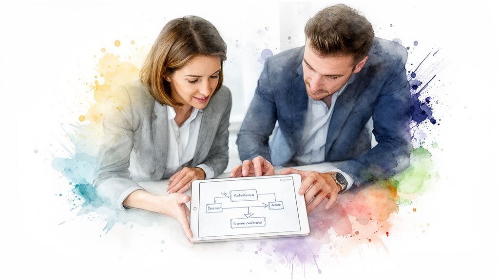 Dos profesionales analizan un diagrama de flujo en una tableta, simbolizando empresarial y digitalización.