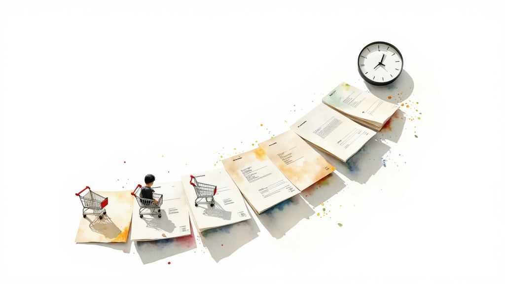 Documentos en camino ascendente con carritos de compra y un reloj, ilustrando la gestión de procesos y tiempo.