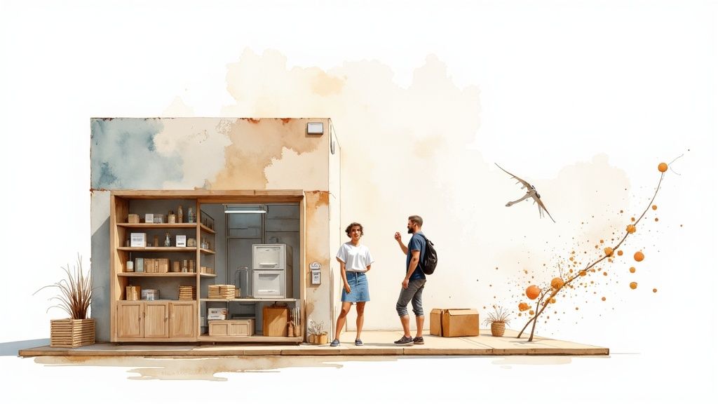 Dos personas charlando frente a una tienda minimalista con estantes de productos y elementos abstractos.