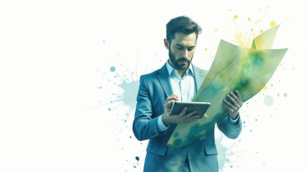 Hombre de negocios concentrado usa tablet y mapa para analizar datos, rodeado de salpicaduras de acuarela.
