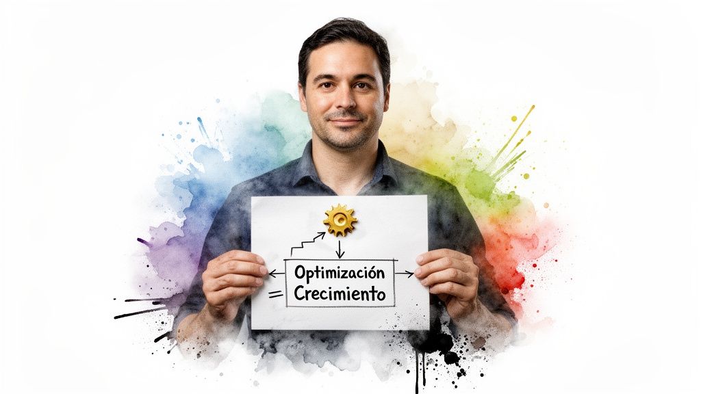 Hombre sonriente sosteniendo un cartel que muestra 'Optimización = Crecimiento' con un engranaje, sobre fondo acuarela.