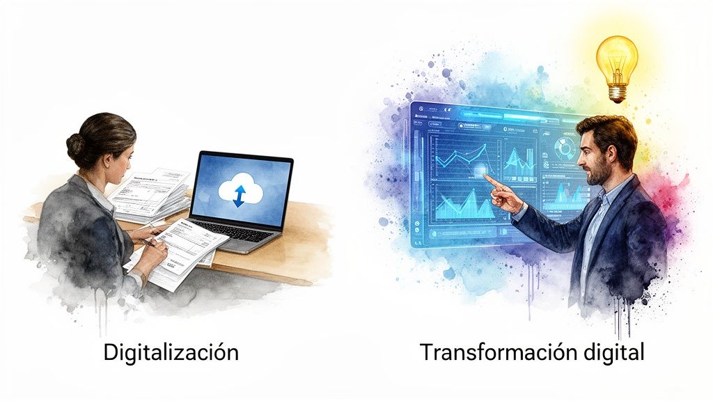 Ilustración que muestra la diferencia entre digitalización de documentos y transformación digital estratégica.