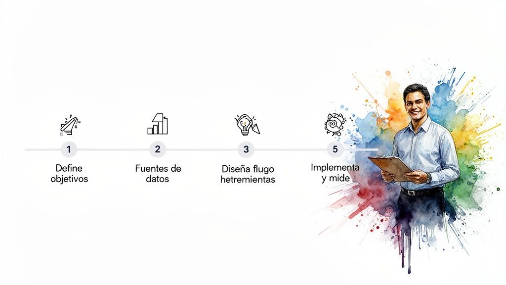 Diagrama de proceso de cinco pasos para la gestión de datos con íconos, texto y un hombre sonriente.