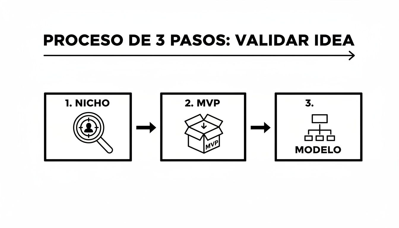 Diagrama de flujo que ilustra un proceso de 3 pasos para validar una idea de negocio: Nicho, MVP y Modelo.