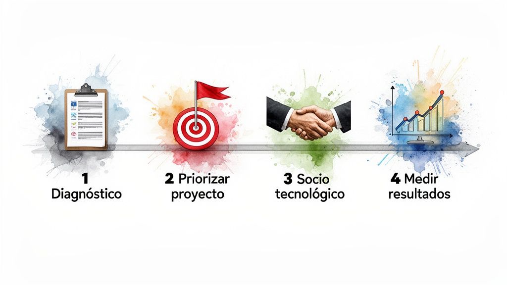 Proceso de 4 pasos: diagnóstico, priorización de proyecto, socio tecnológico y medición de resultados.
