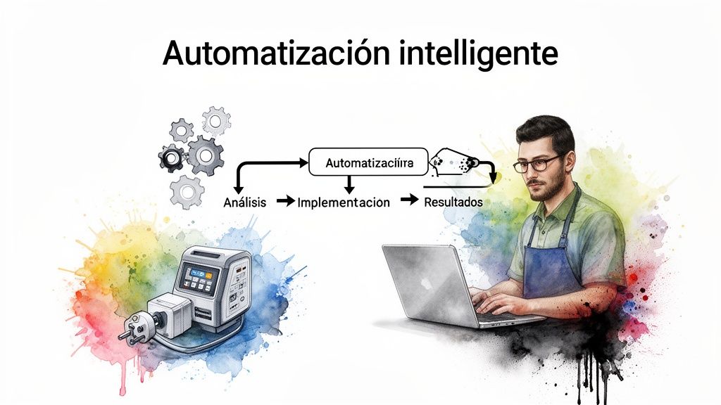 Diagrama de automatización inteligente que ilustra análisis, implementación y resultados, con equipo tecnológico y persona.