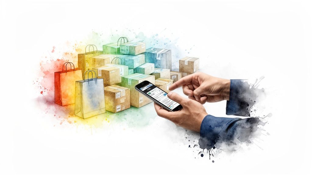 Manos usando un smartphone para compras en línea, con bolsas y paquetes de envío. Estilo acuarela.