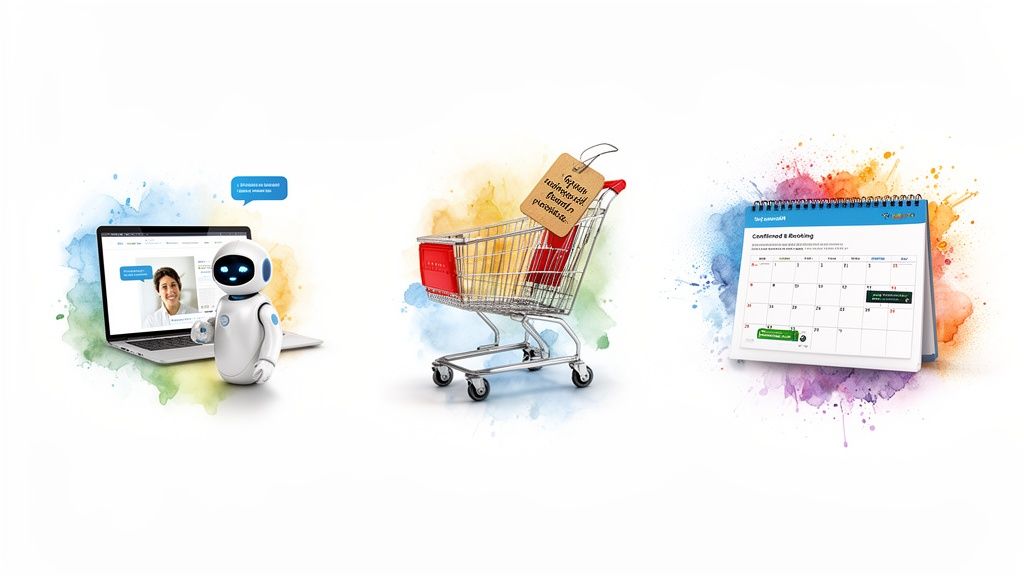 Robot, carrito de compras y calendario digital sobre salpicaduras de acuarela, representando automatización y servicios.