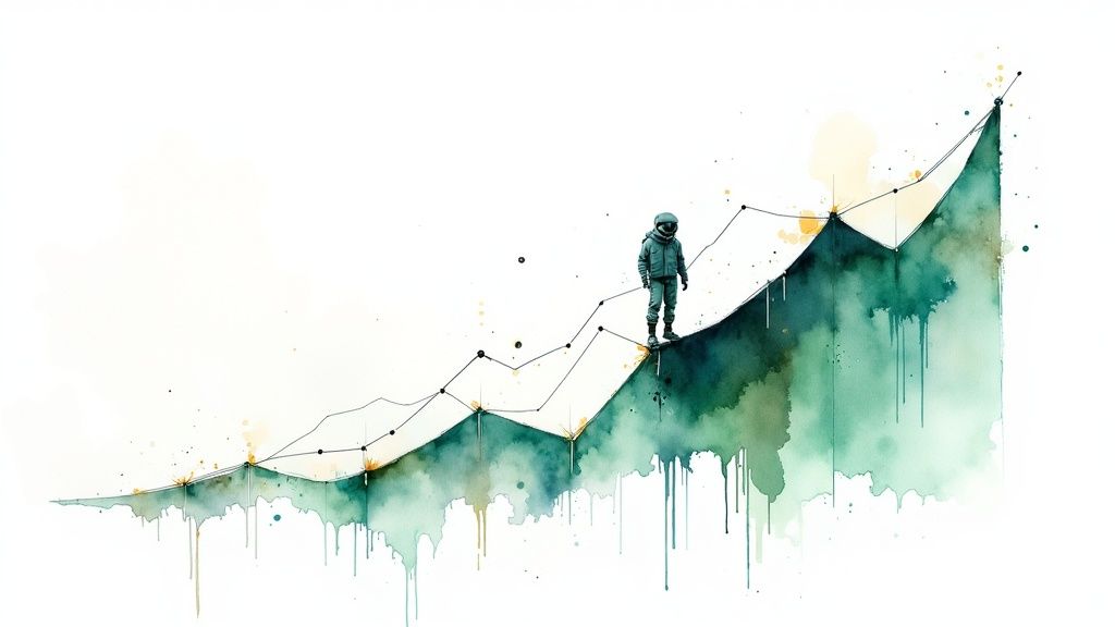 Un astronauta sobre un gráfico ascendente de acuarela, simbolizando crecimiento y progreso en consultoría.