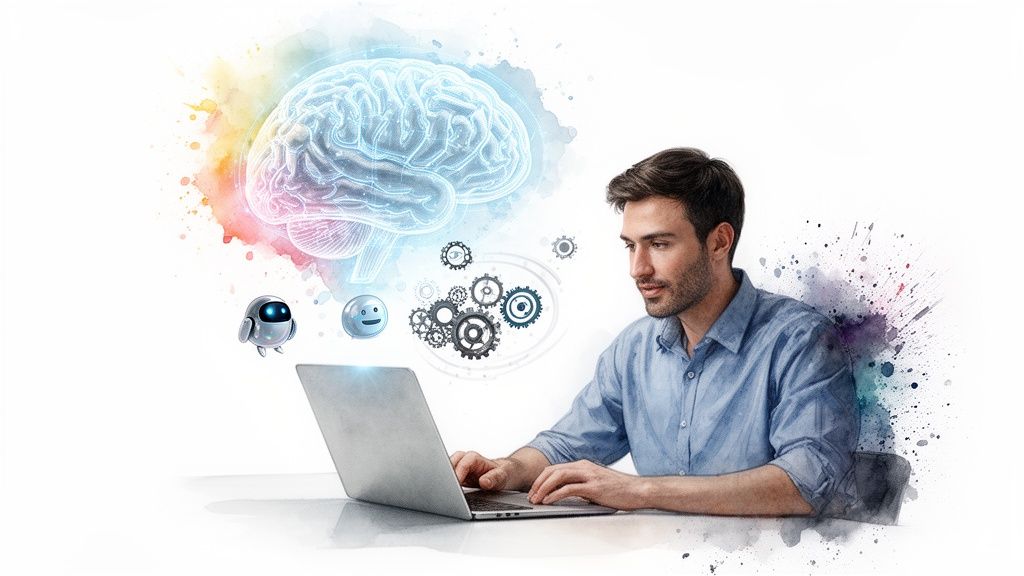 Hombre en laptop con cerebro, robots y engranajes, simbolizando inteligencia artificial, tecnología y resolución de problemas.