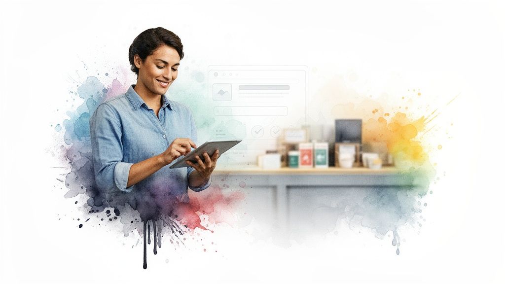 Mujer sonriente usando una tableta para gestionar aplicaciones y negocios, con un toque artístico de acuarela.