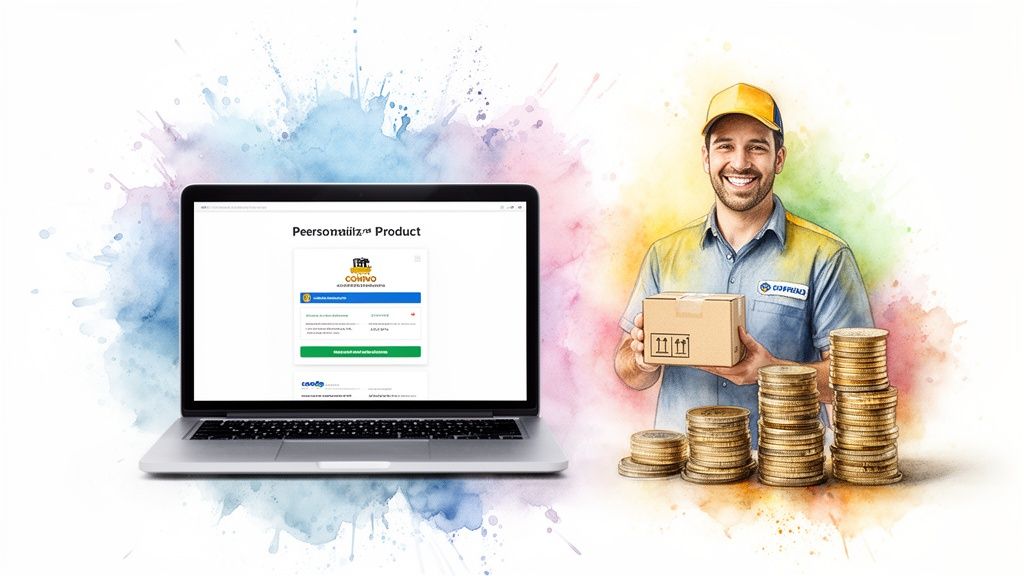 Hombre sonriente con caja de entrega y monedas de oro junto a portátil con producto digital, sobre fondo acuarela.