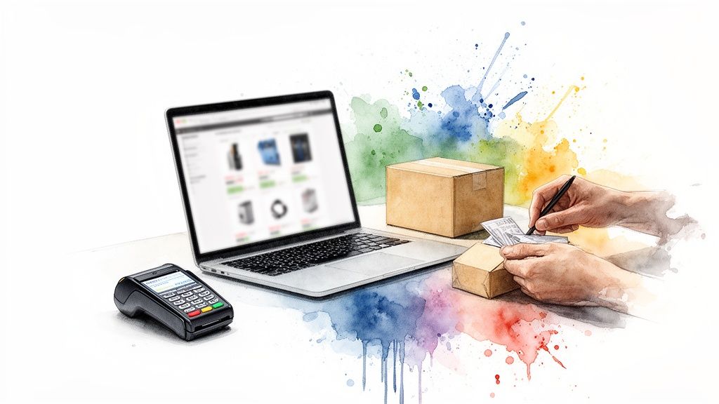 Laptop, terminal de punto de venta, y cajas de envío con manos firmando, simbolizando un negocio online y la entrega.