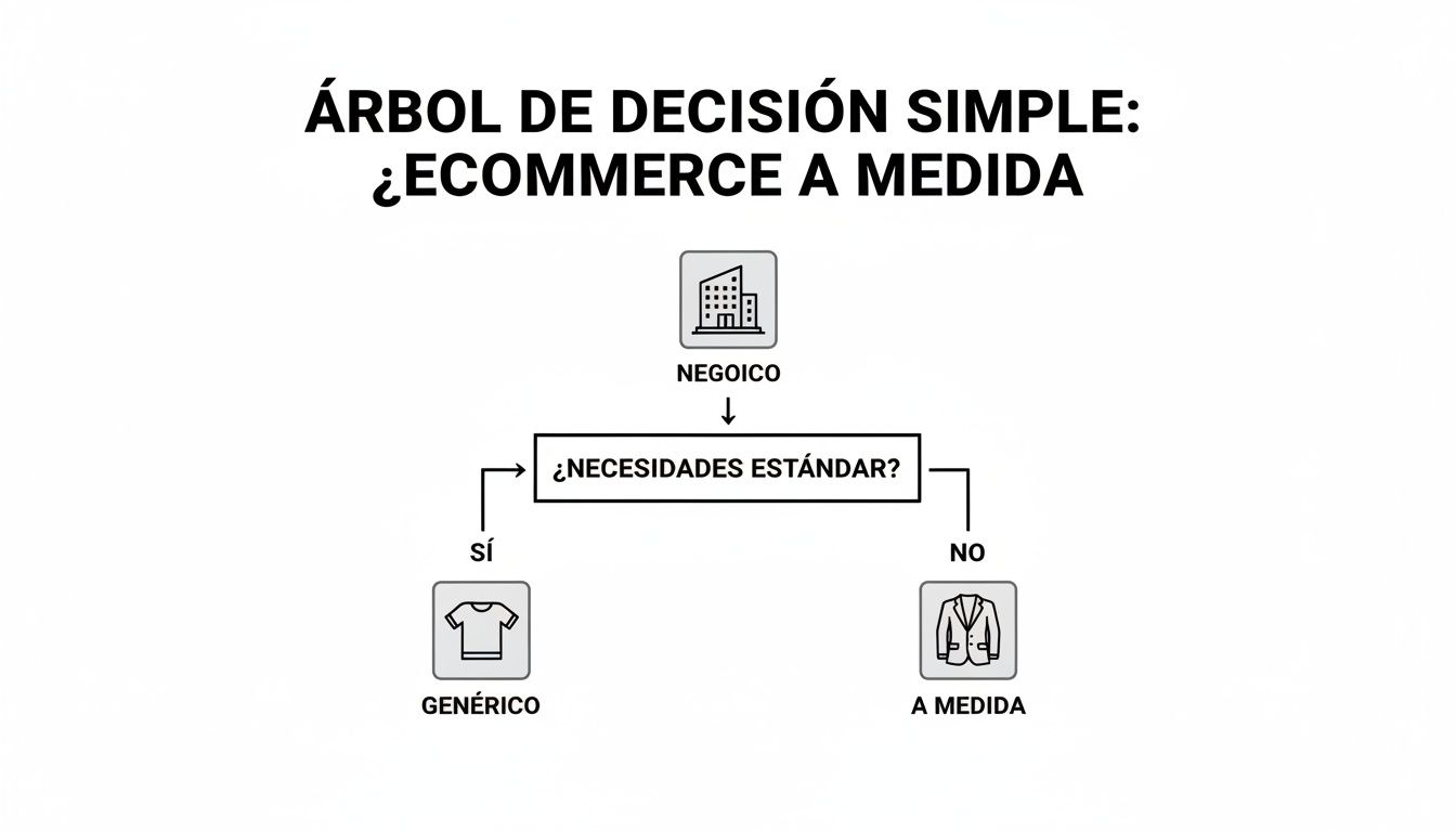 Diagrama de árbol de decisión simple para elegir entre e-commerce genérico o a medida según necesidades.