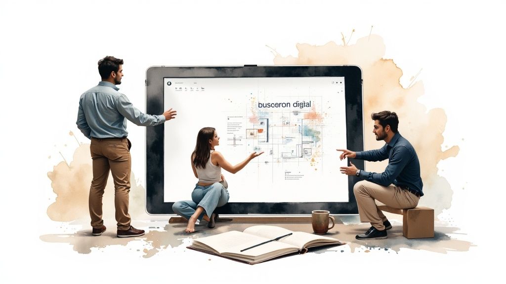 Tres personas colaboran en una reunión de consultoría digital frente a una gran pantalla interactiva.