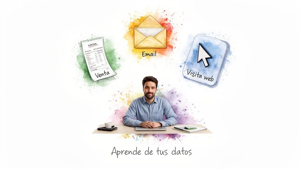 Hombre sonriente en un escritorio con laptop, rodeado de iconos de venta, email y visita web. Aprende de tus datos.