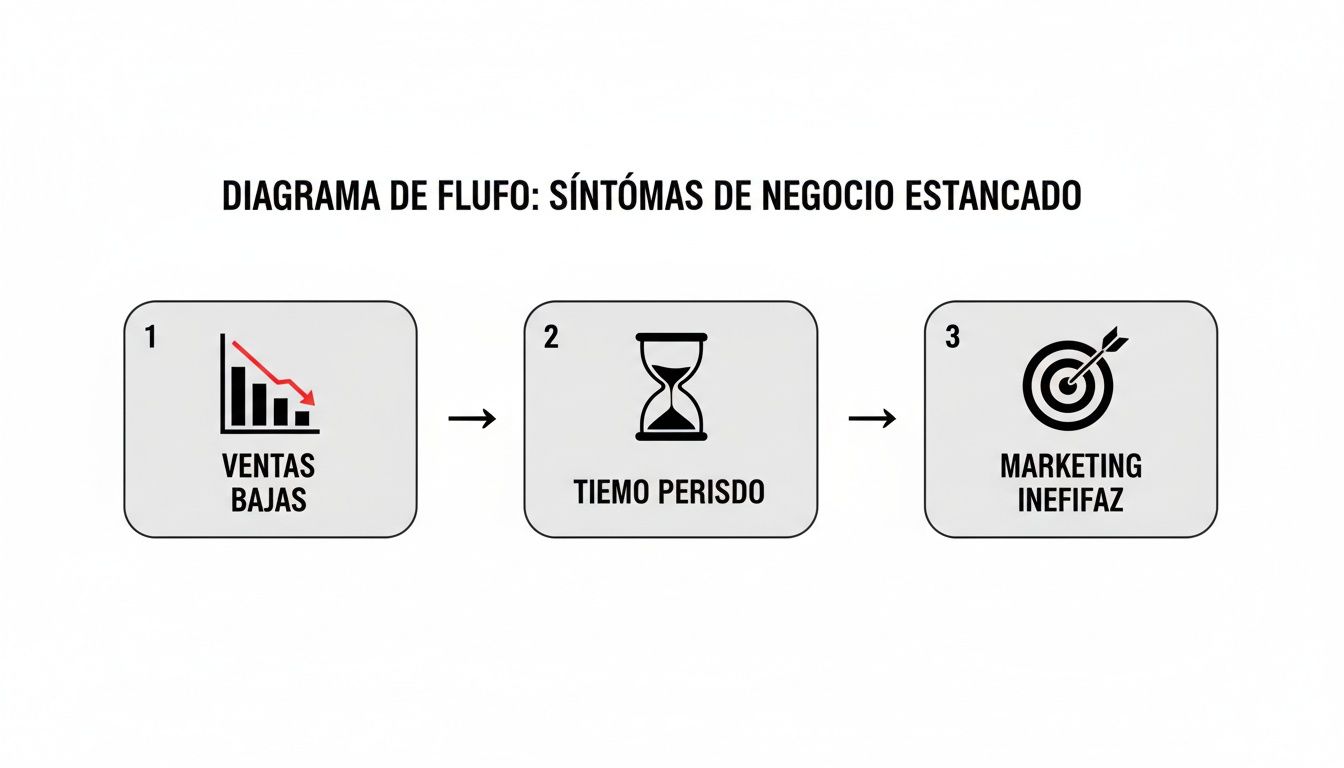 Diagrama de flujo que ilustra los síntomas de un negocio estancado: ventas bajas, tiempo perdido y marketing ineficaz.