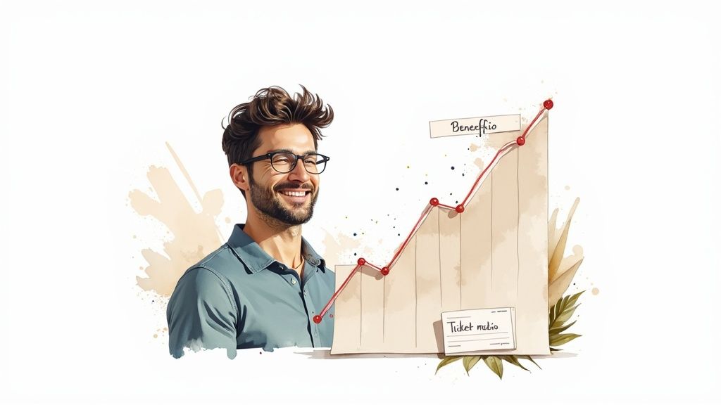 Un hombre feliz observa un gráfico de barras con una línea roja de crecimiento de beneficio y ticket medio.