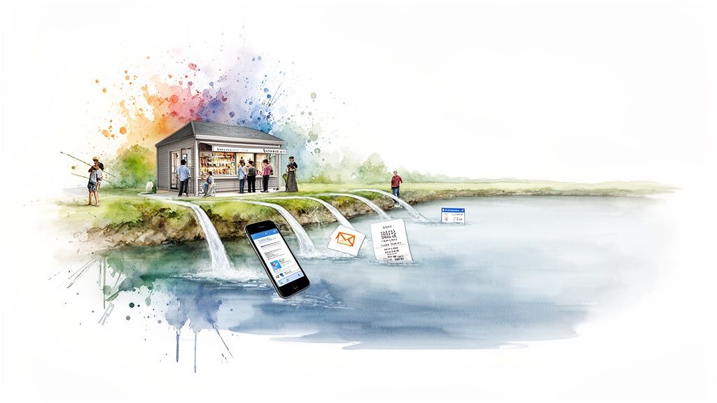 Ilustración: tienda con flujos de datos (móvil, correo, recibos) cayendo a un lago de información.