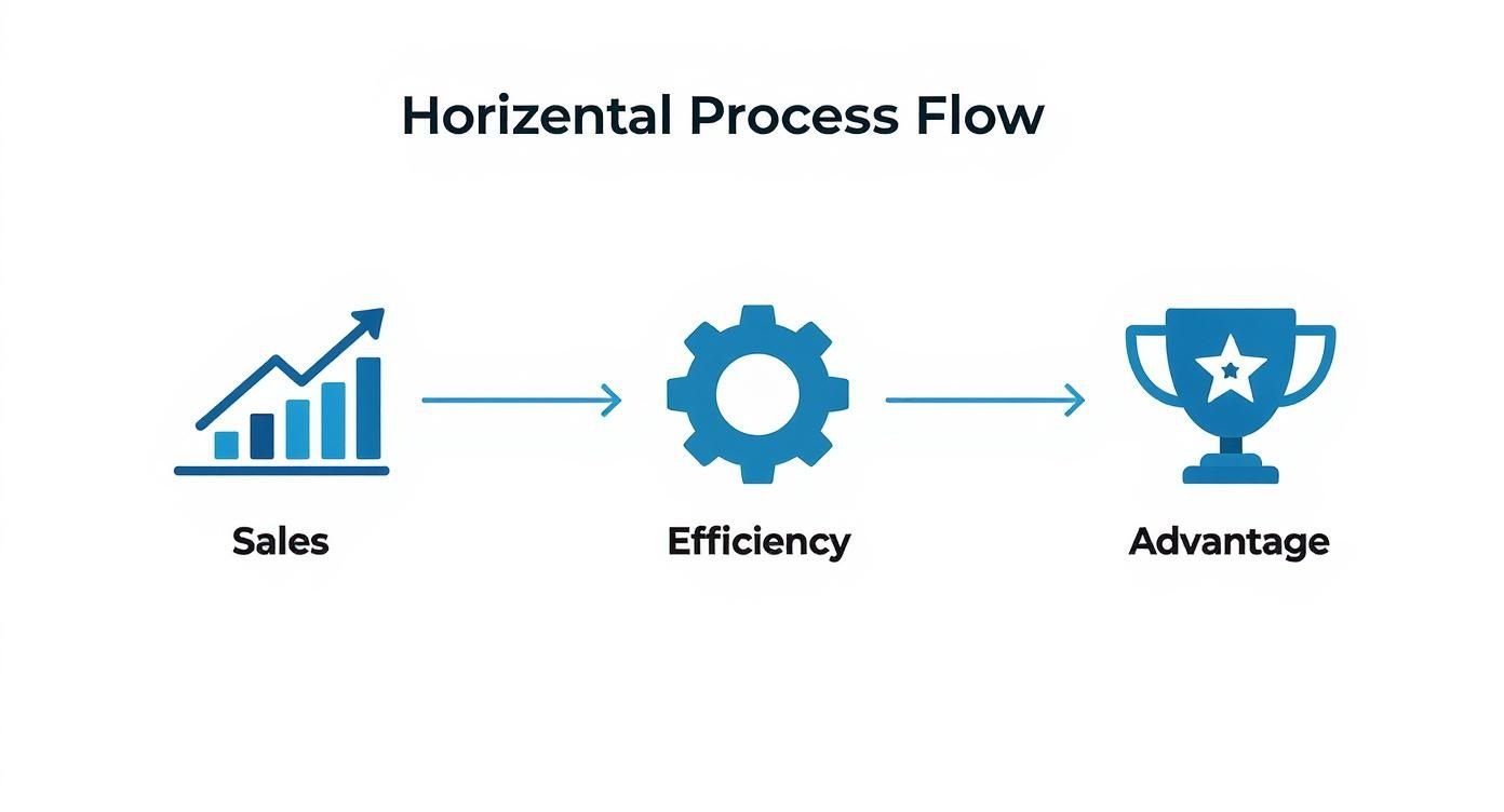 Flujo de proceso horizontal que ilustra la progresión desde las ventas hacia la eficiencia y la ventaja competitiva.