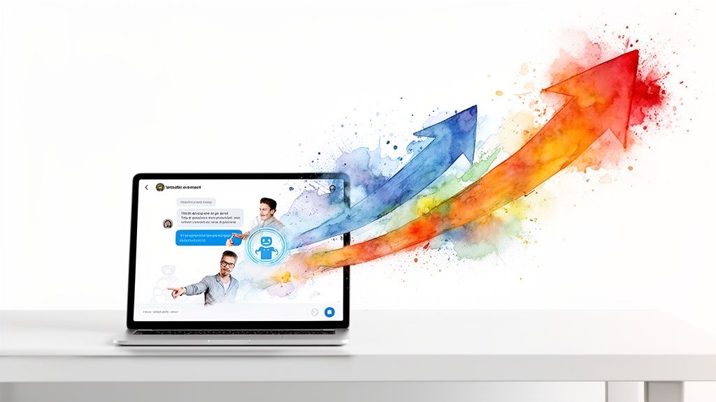 Laptop con pantalla de chat mostrando chatbot e interacción humana, con flechas de crecimiento ascendentes.
