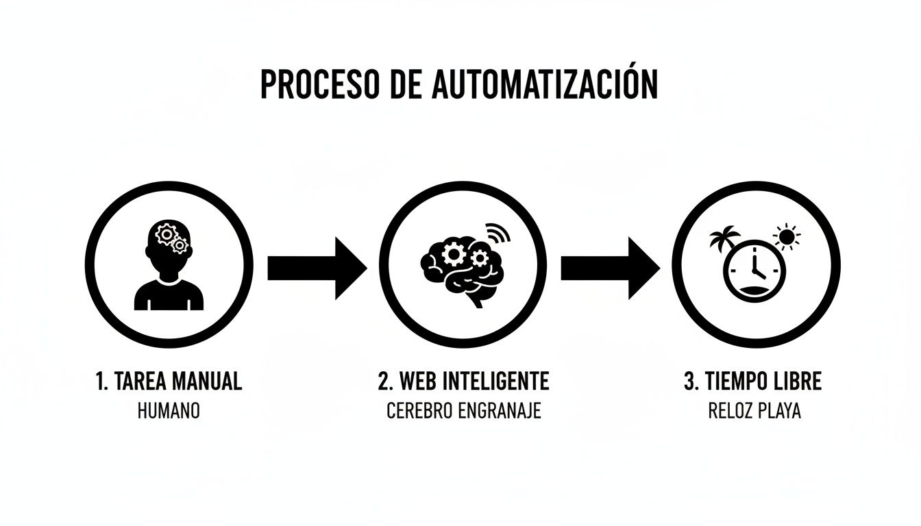 Diagrama del proceso de automatización: de tarea manual humana a web inteligente y tiempo libre.