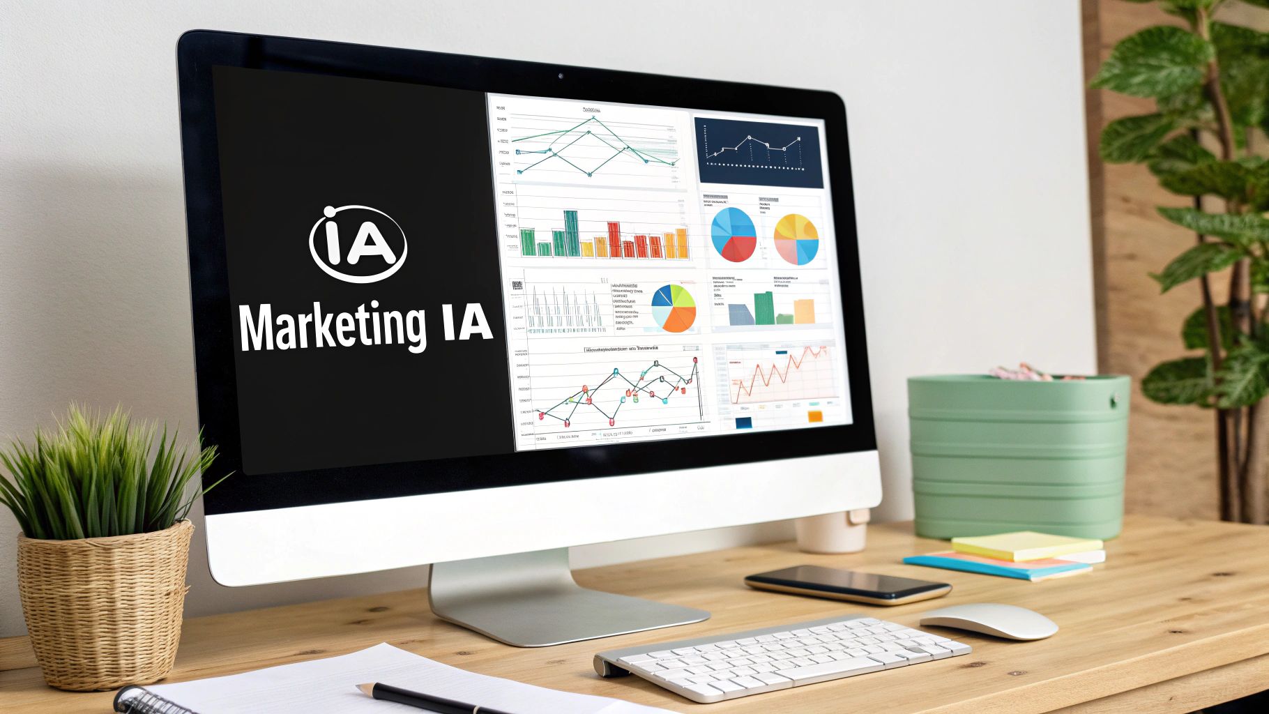 Visualización de datos de marketing siendo analizados por IA para optimizar campañas