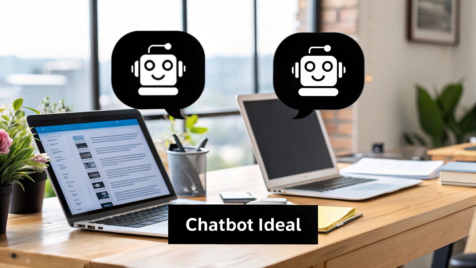 Una persona eligiendo entre dos opciones de chatbot en una pantalla, una basada en reglas y otra con IA, para tomar una decisión estratégica.
