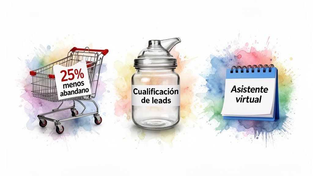 Representación visual de 25% menos abandono en carritos, cualificación de leads y asistente virtual.