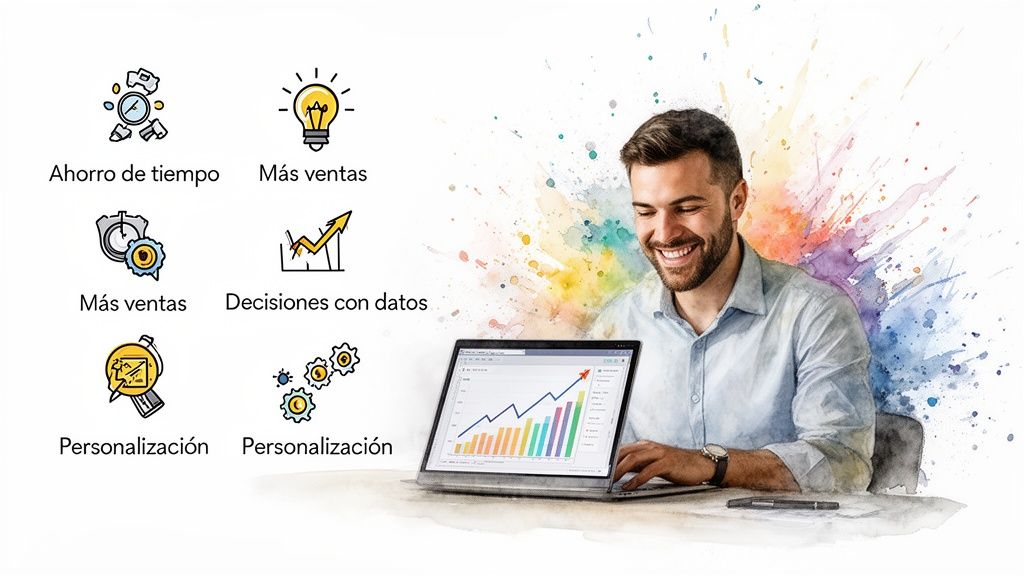 Hombre sonriente usando laptop con gráficos de crecimiento y beneficios como ahorro de tiempo y más ventas.