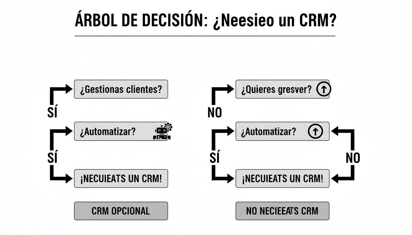 Árbold de decisión visual sobre si un negocio necesita un sistema CRM para gestionar clientes.