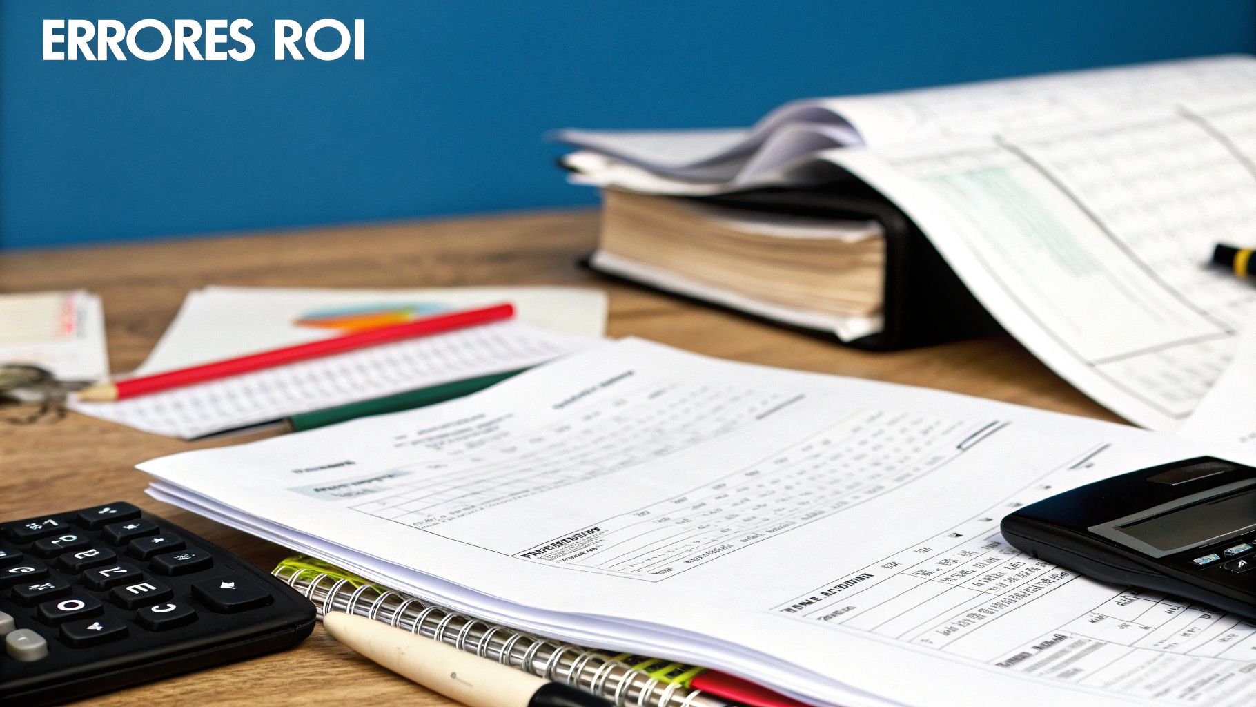 Una libreta con cálculos y una lupa, simbolizando la identificación de errores al calcular el ROI