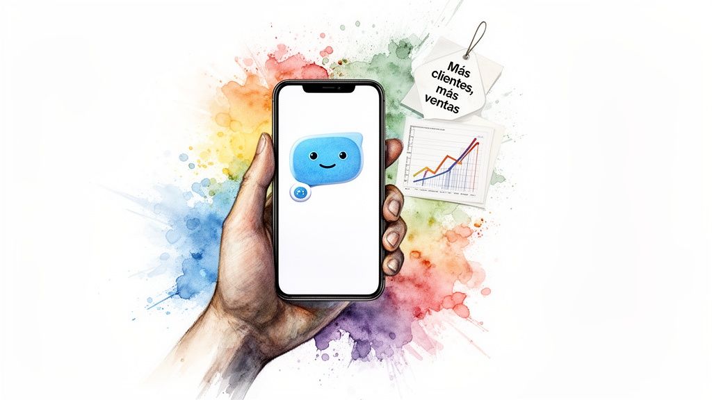 Mano sosteniendo un smartphone con un chatbot sonriente, gráficos de ventas ascendentes y etiqueta 'Más clientes, más ventas'.