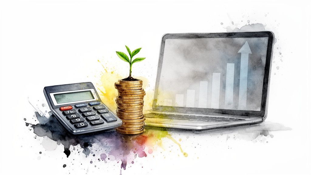 Calculadora, pila de monedas con planta creciendo y portátil con gráfico de barras ascendente en acuarela.