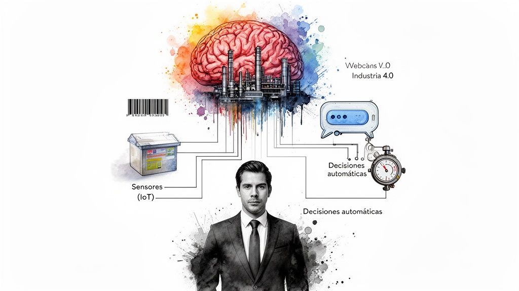 Cerebro industrial con IoT y decisiones automáticas para Industria 4.0, conectando hombre y tecnología.
