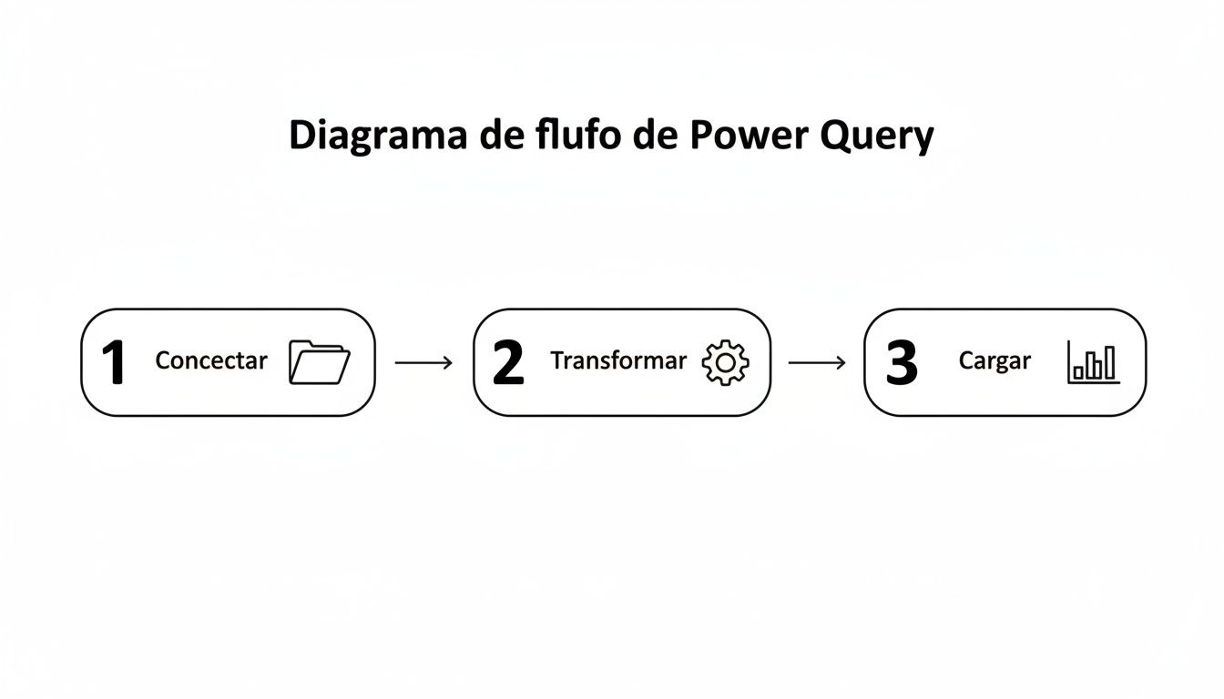 Diagrama de flujo de Power Query en 3 pasos: Conectar, Transformar y Cargar datos.