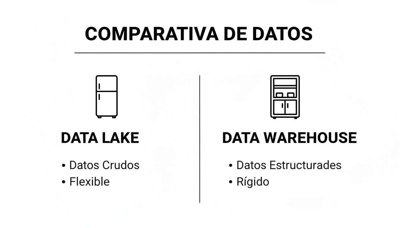 Comparativa entre Data Lake y Data Warehouse, mostrando sus características principales como datos crudos versus estructurados y flexibilidad versus rigidez.