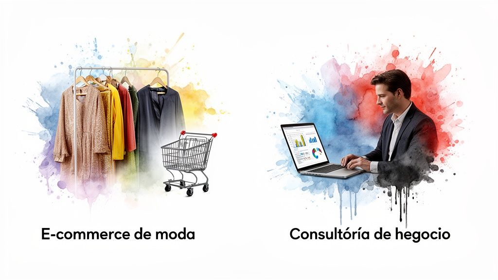 Imagen que muestra e-commerce de moda con ropa y carrito, y consultoría de negocio con un hombre usando laptop y gráficos.