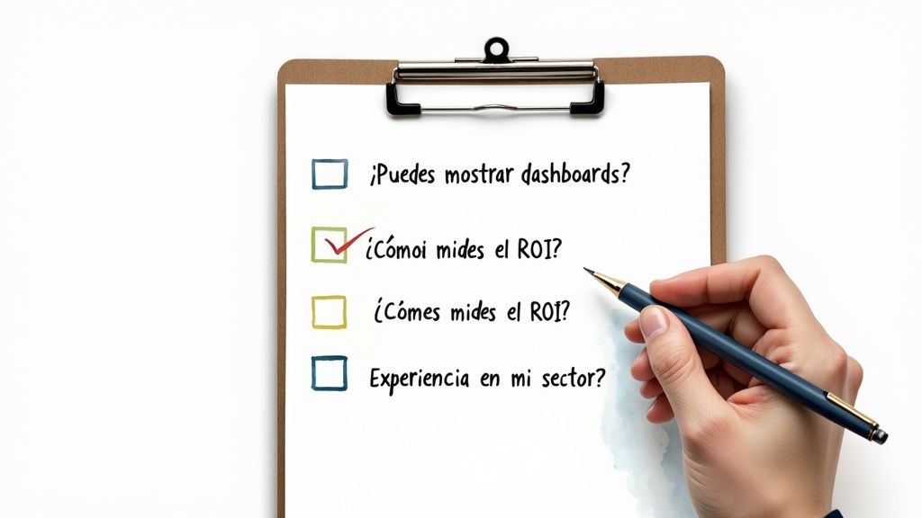 Una lista de verificación en un portapapeles con preguntas sobre dashboards, ROI y experiencia en el sector.