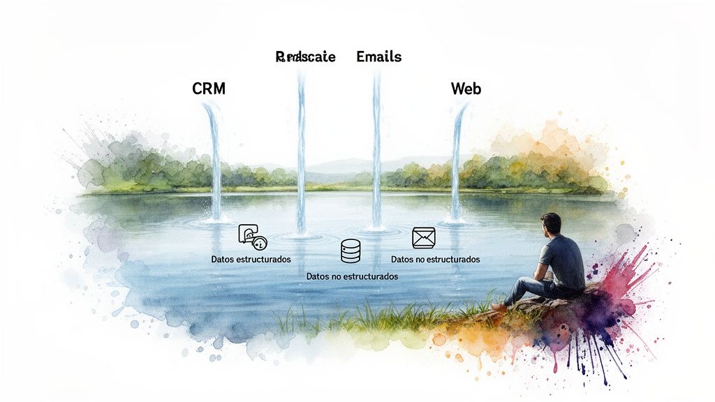 Representación visual de un data lake, mostrando datos estructurados y no estructurados de CRM, Redscale, Emails y Web.
