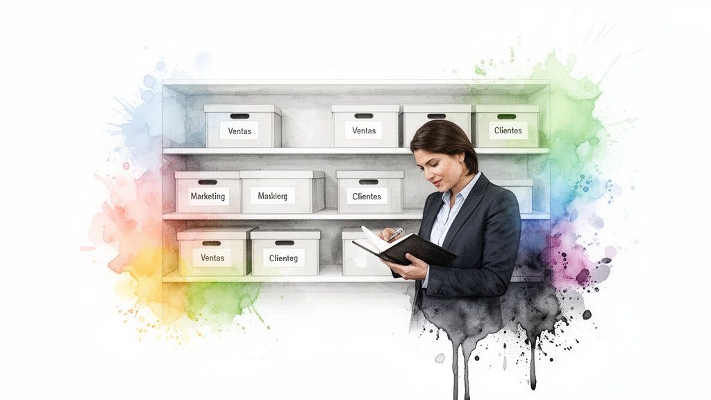 Una mujer organiza cajas de archivo etiquetadas en un estante, tomando notas en un cuaderno, con un fondo de acuarela vibrante.