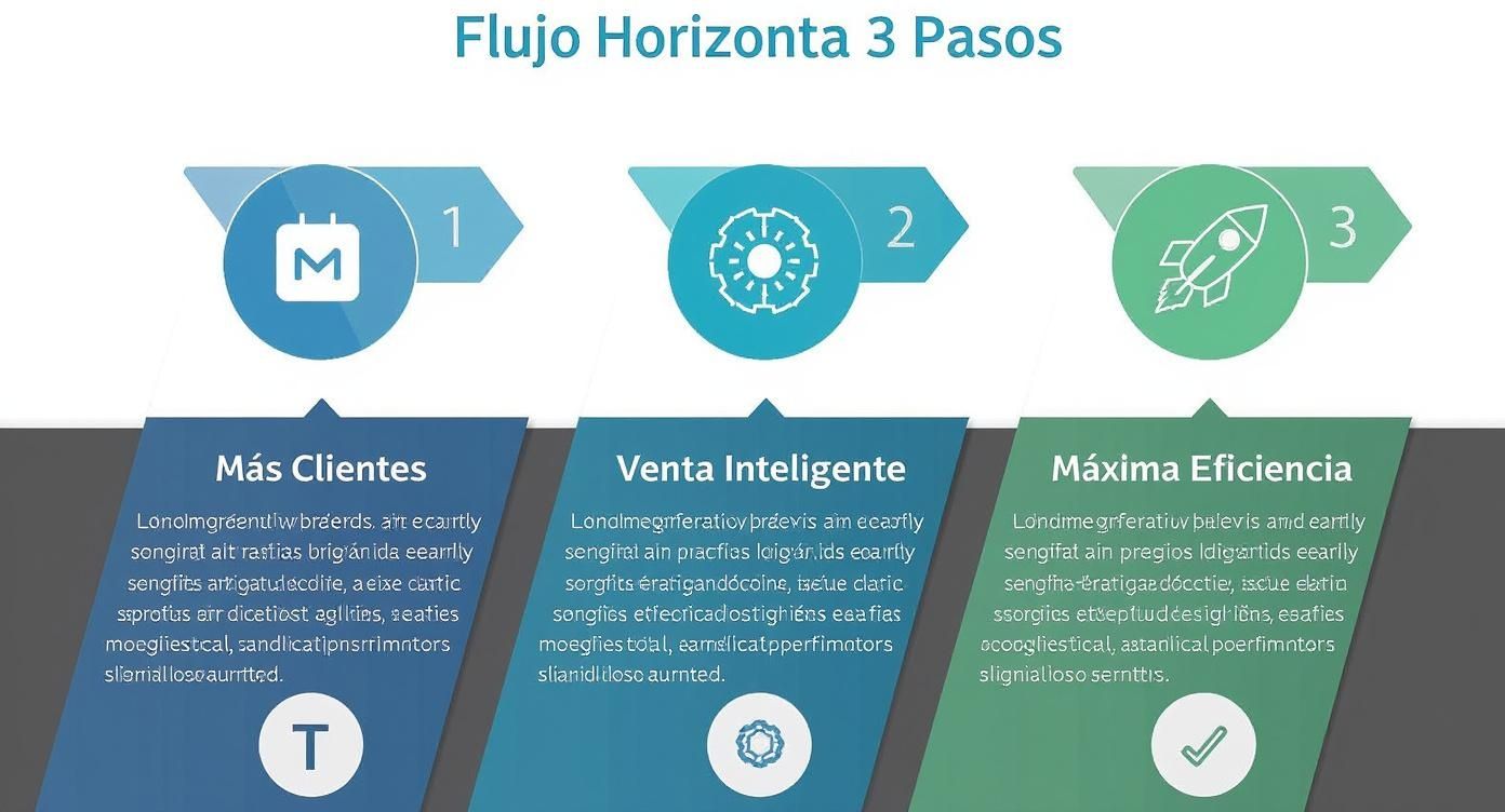 Infografía de flujo horizontal de 3 pasos para el crecimiento empresarial: Más Clientes, Venta Inteligente y Máxima Eficiencia.