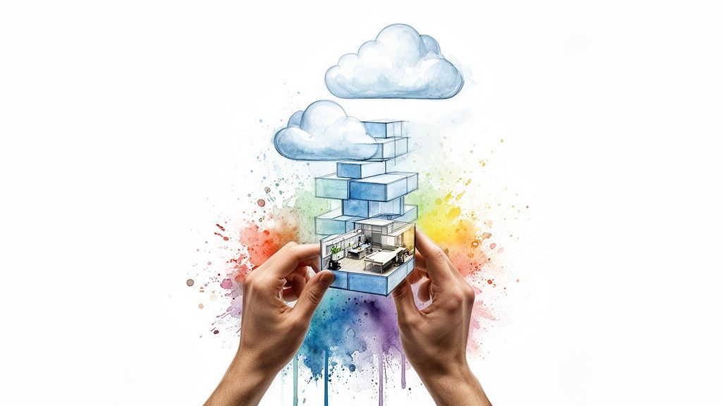 Manos construyen un edificio de oficina modular con nubes, rodeado de salpicaduras de acuarela coloridas.
