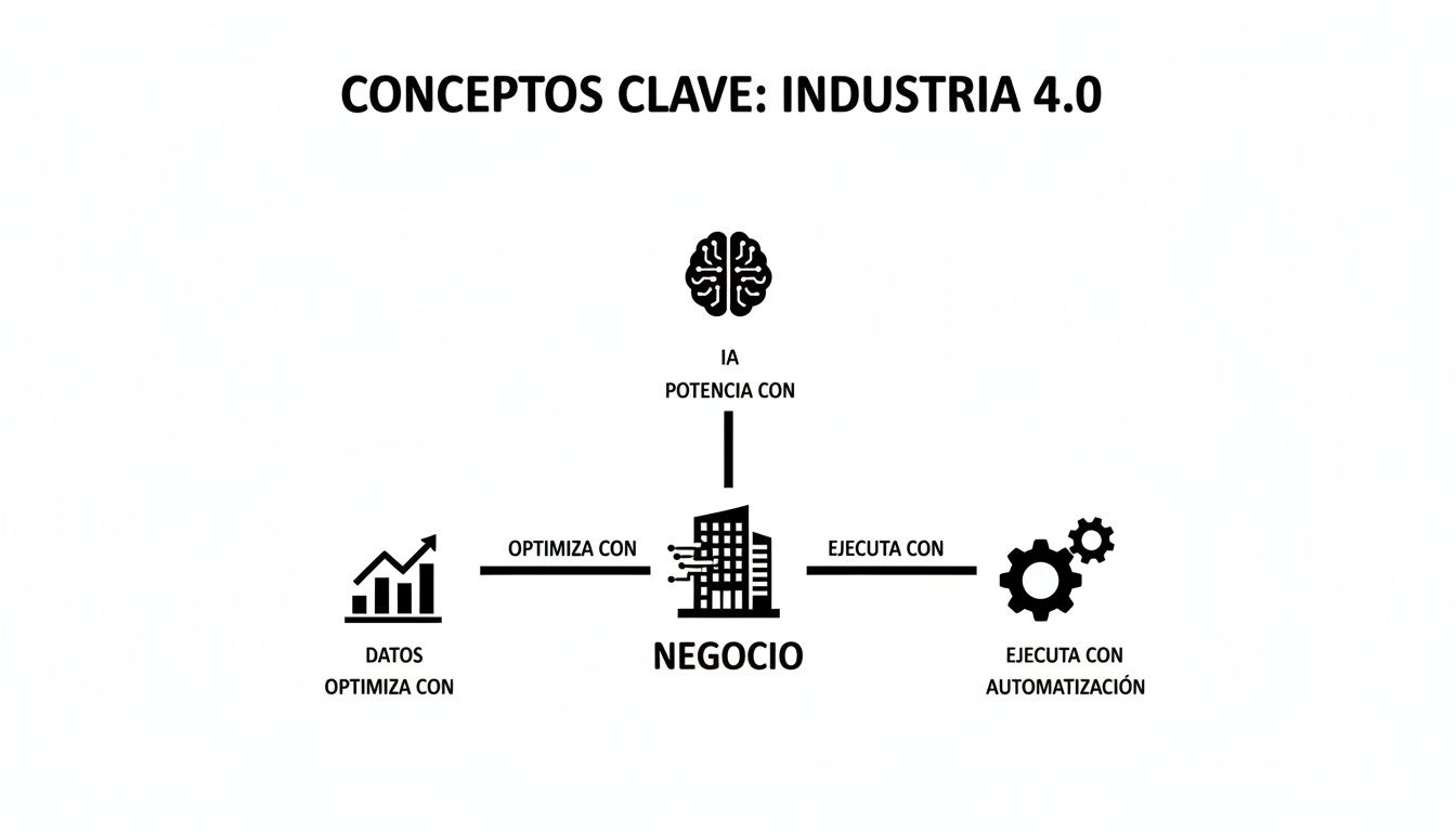 Diagrama de Industria 4.0 mostrando cómo IA, datos y automatización potencian y optimizan un negocio.